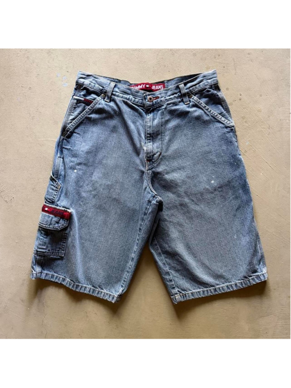 vintage 90s tommy jeans blue denim cargo jorts